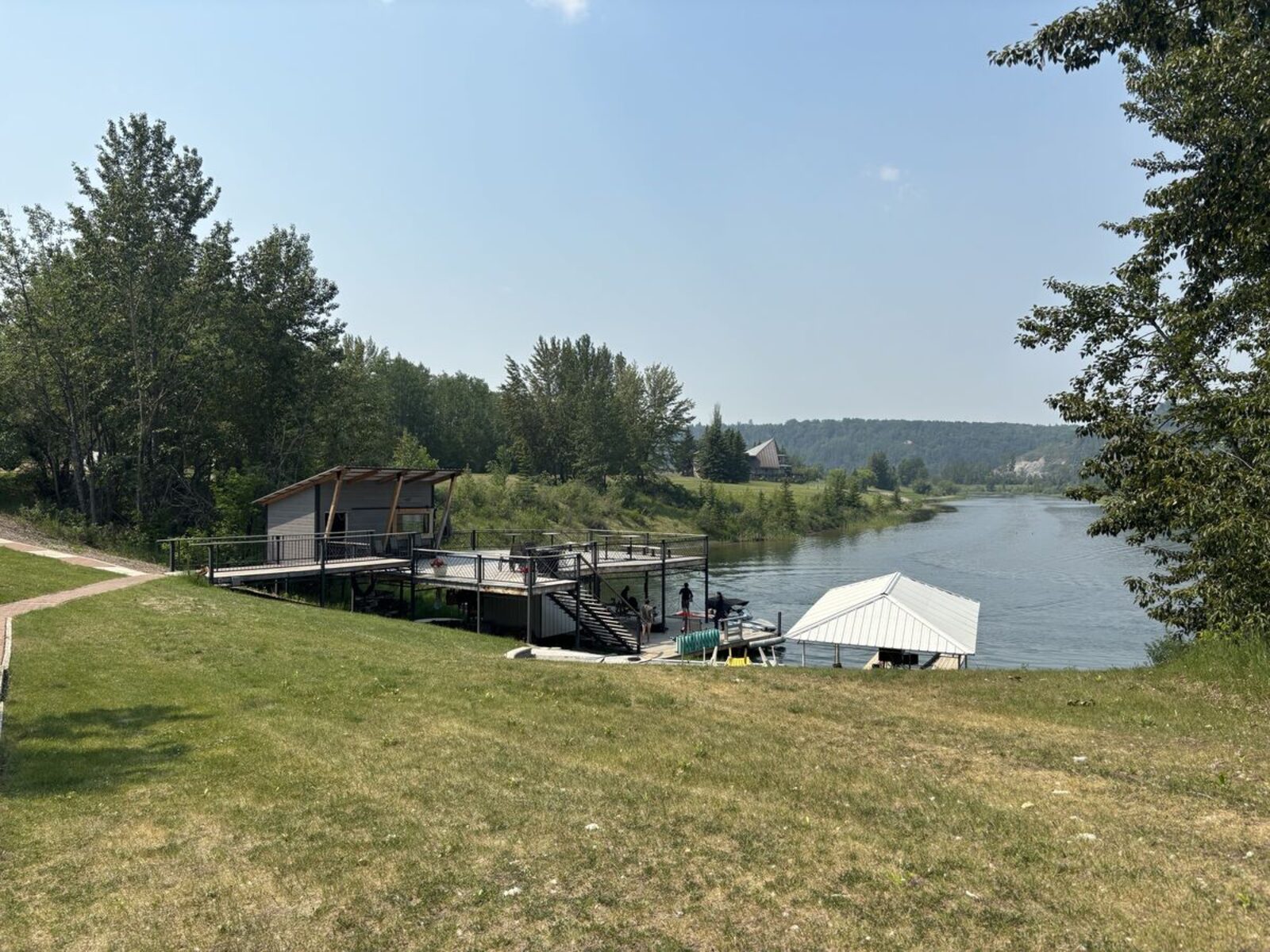 The Shalom Park dock and tournament center looking down the 2,100-foot lake toward the river valley